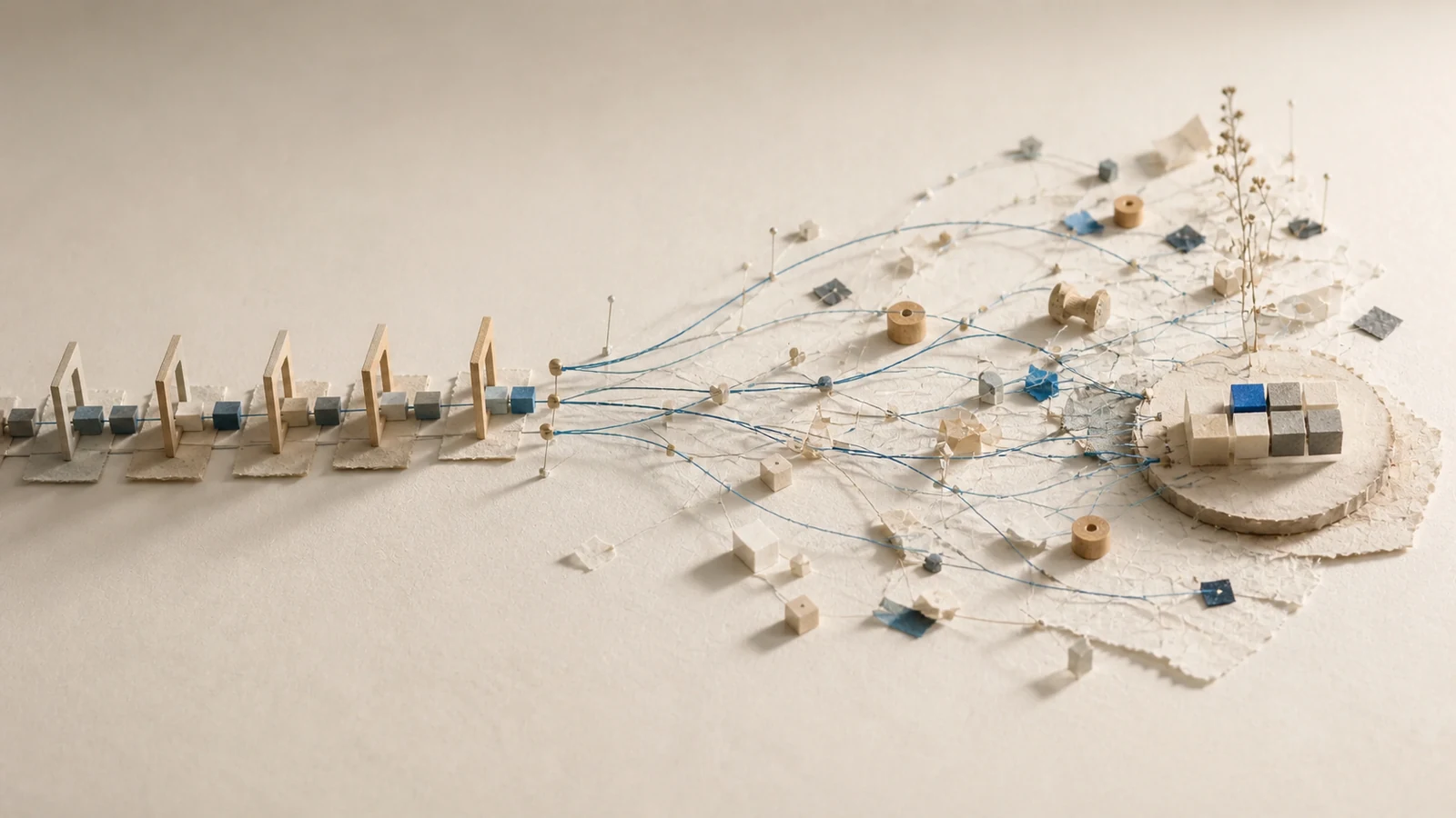 Maqueta física que combina un flujo automatizado lineal con una red de decisiones adaptativa