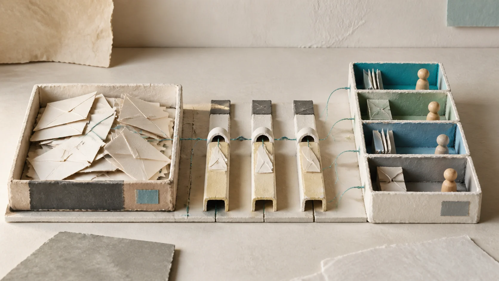Diorama de sobres de papel que se ordenan en canales de trabajo