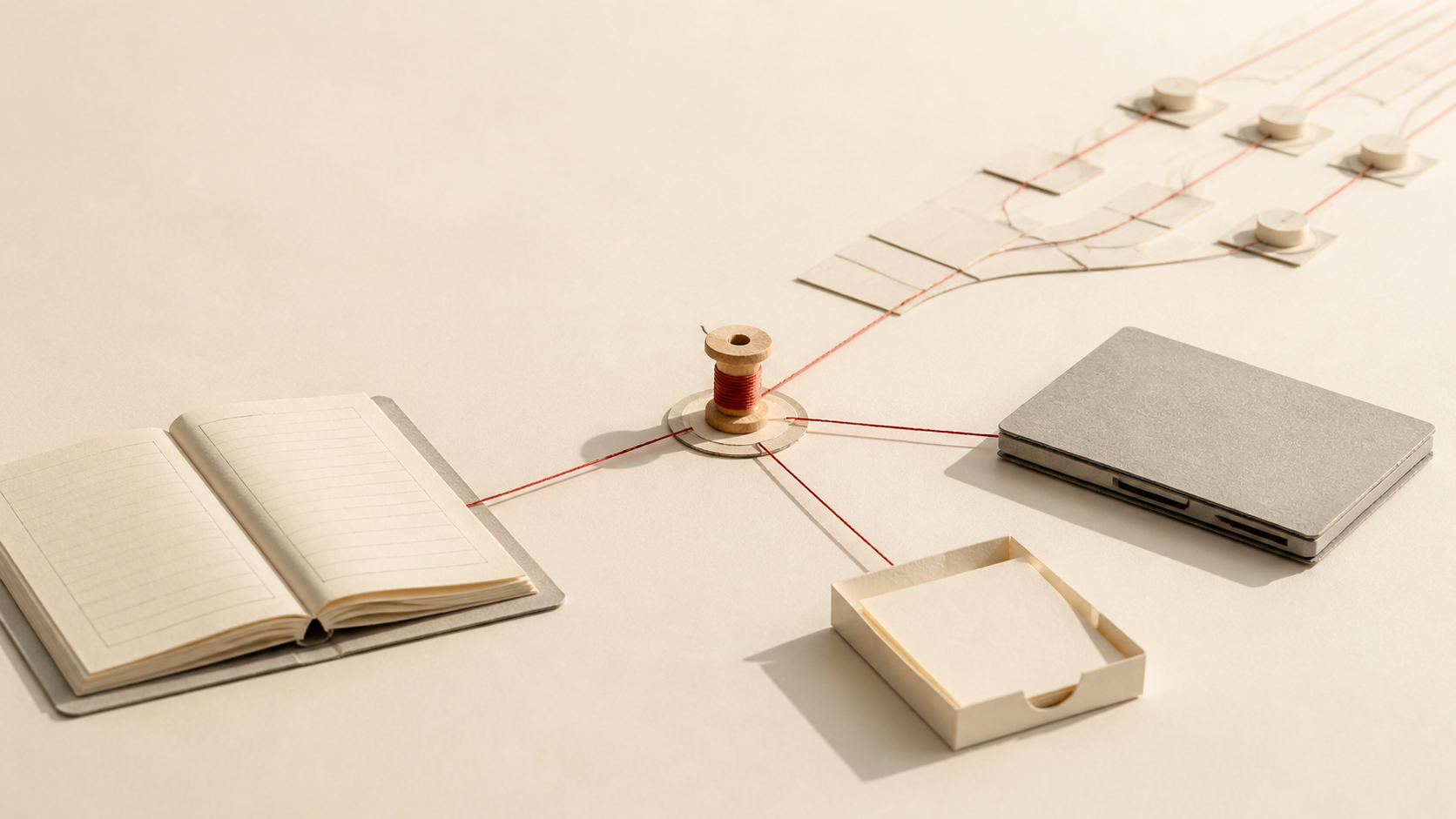 Diorama de un cuaderno, un portátil y documentos conectados a un único punto de dependencia