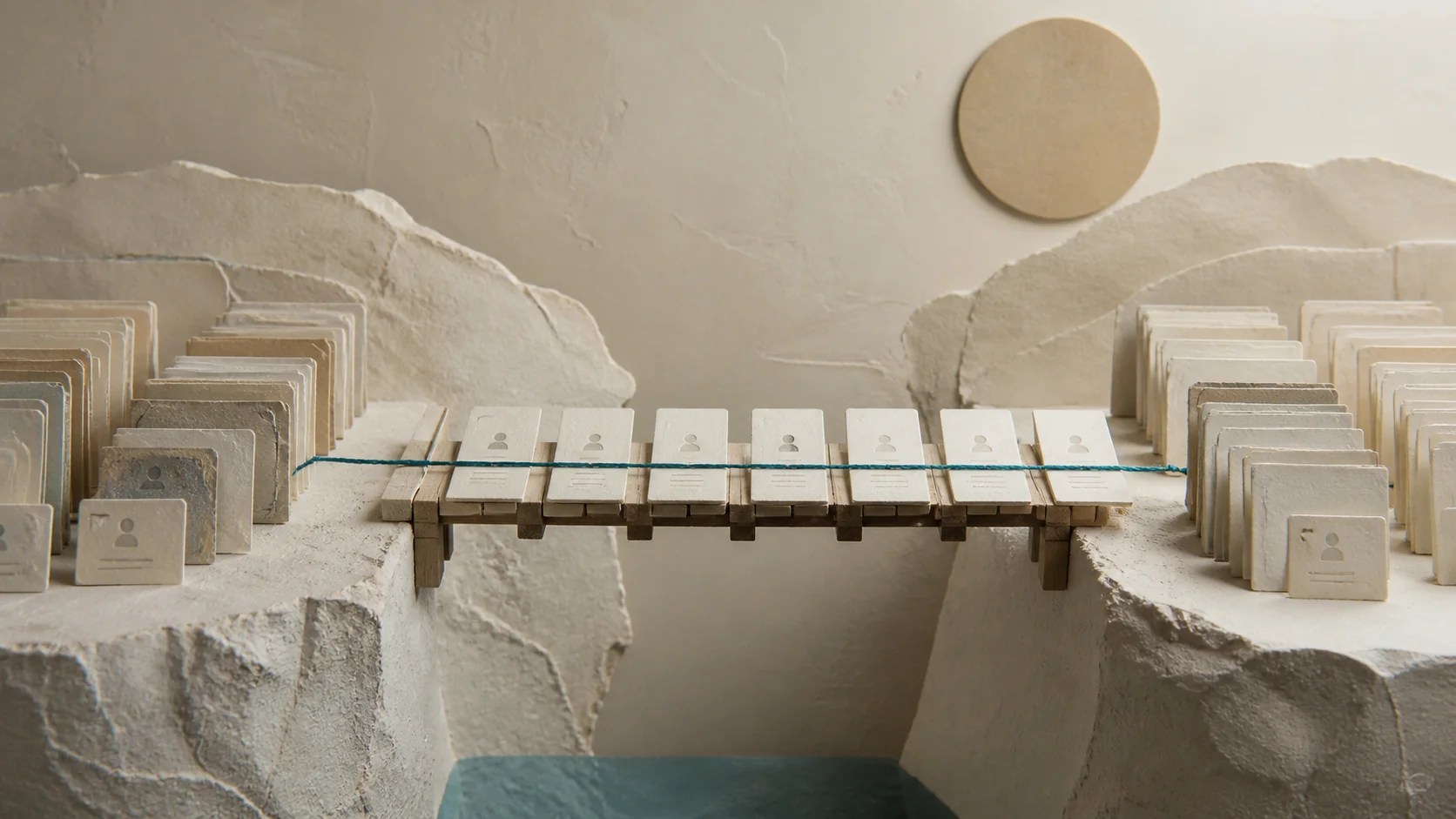 Diorama de papel donde dos sistemas separados conectan sus fichas en un único recorrido